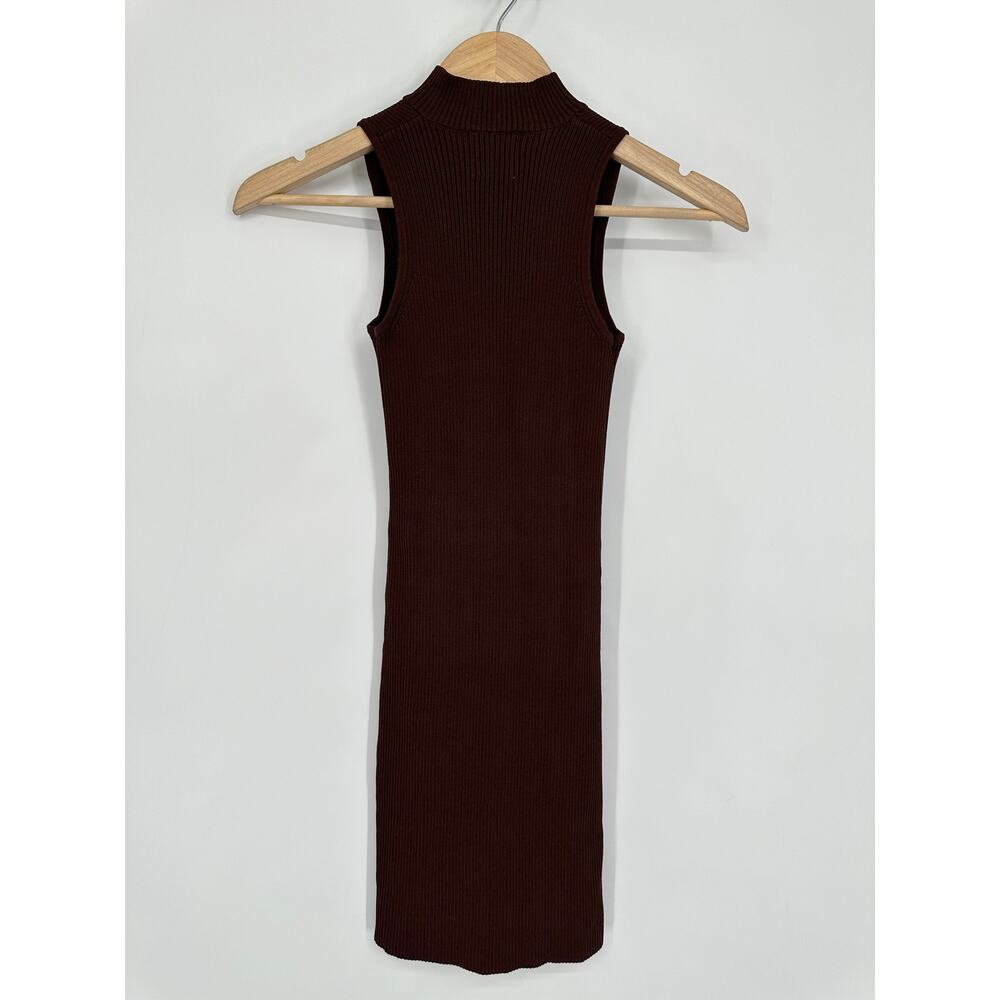 With Jean Amethyst Mini Dress Ribbed Lace Up Mock Neck Sleeveless Bodycon Brown - Picture 9 of 13